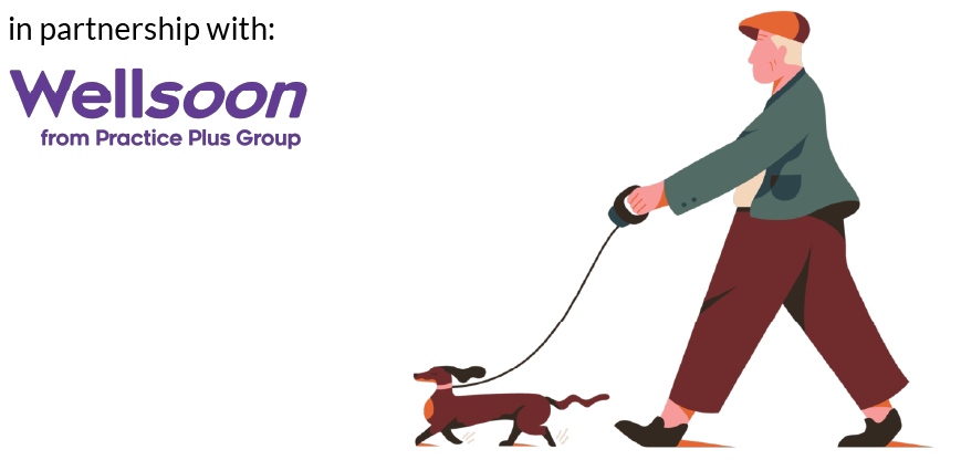 Illustration of man going for a walk with his dog.